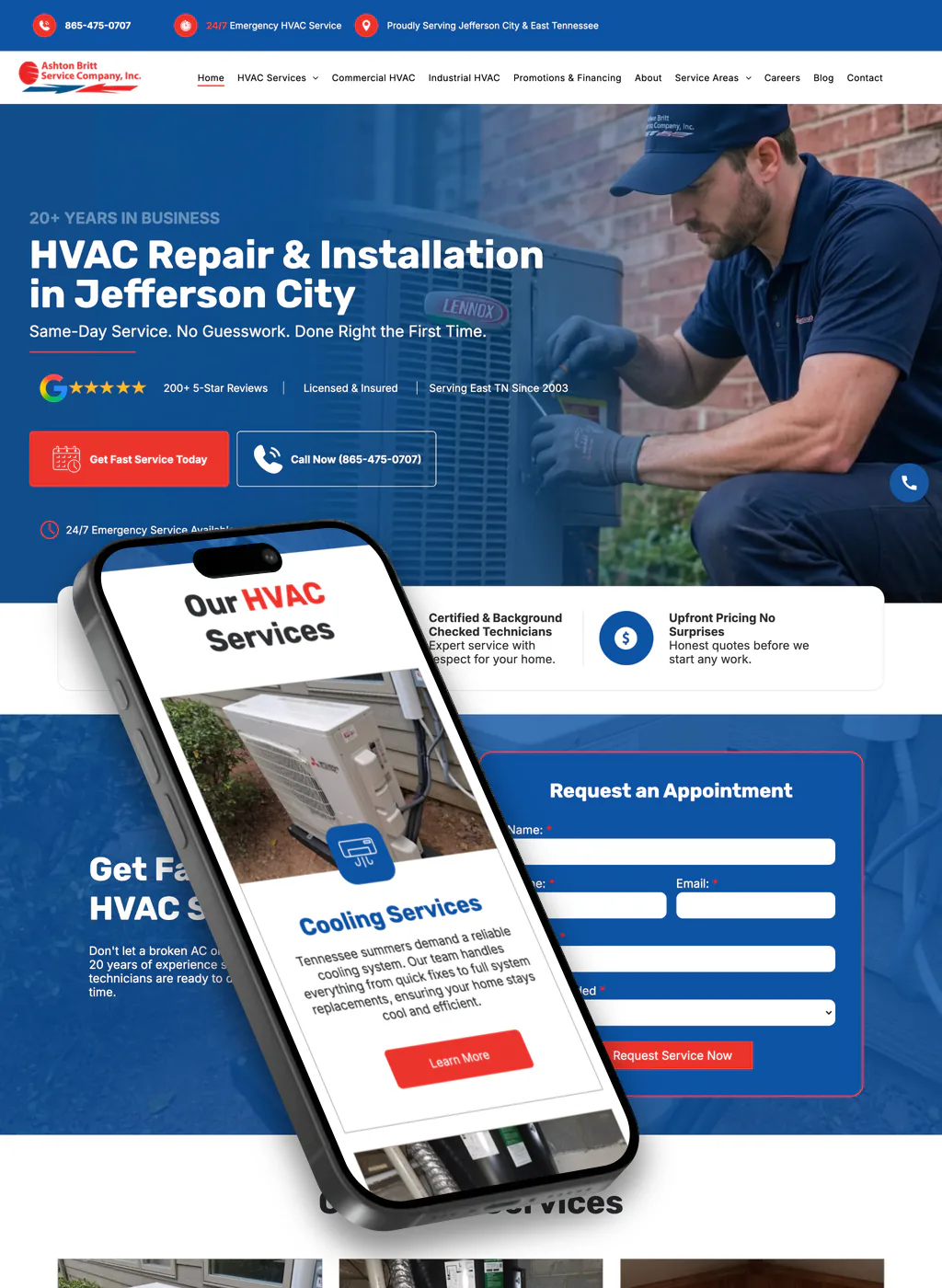 The Ashton Britt Service Company website on desktop and phone: HVAC repair and installation in Jefferson City