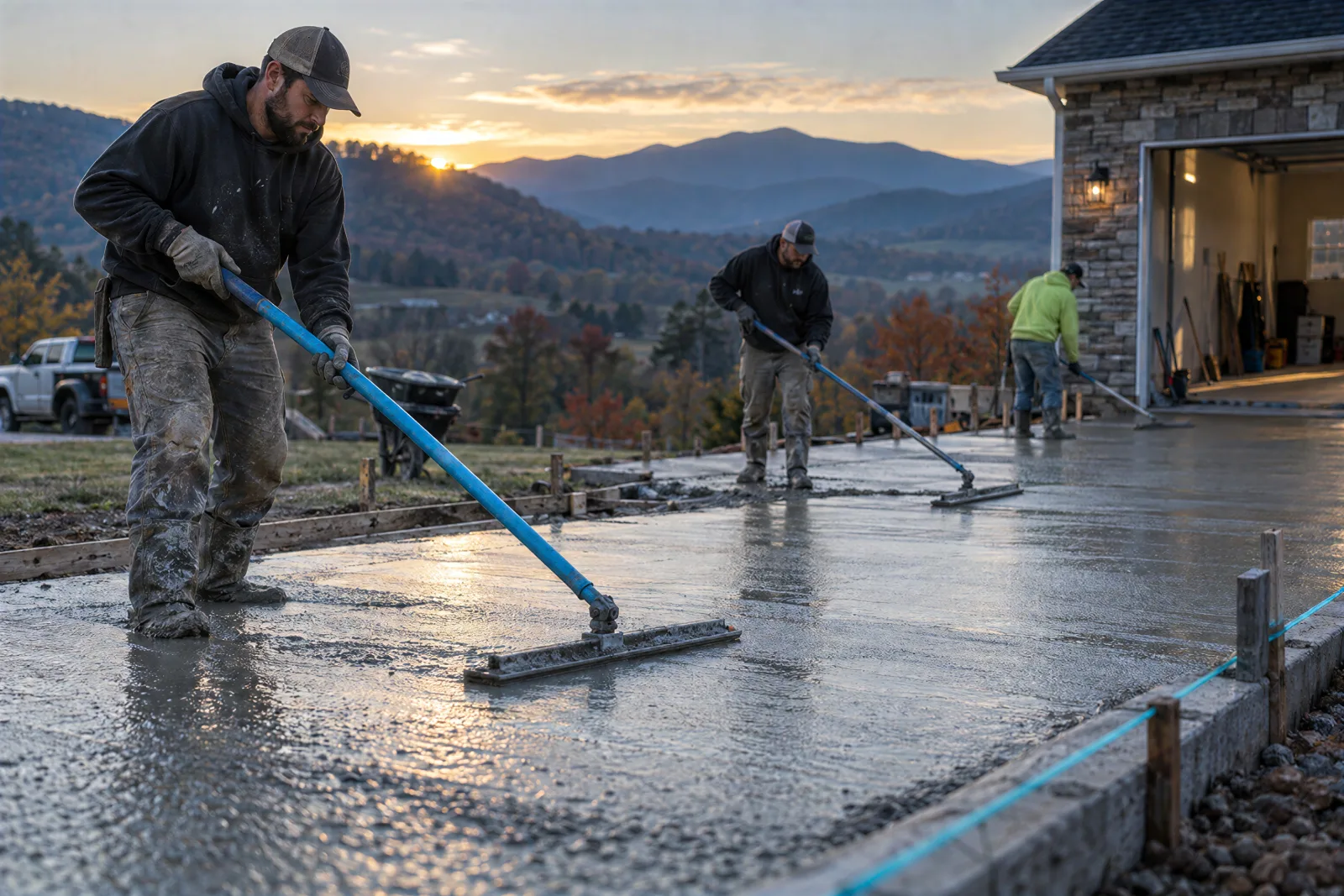 A concrete crew finishing a fresh driveway pour