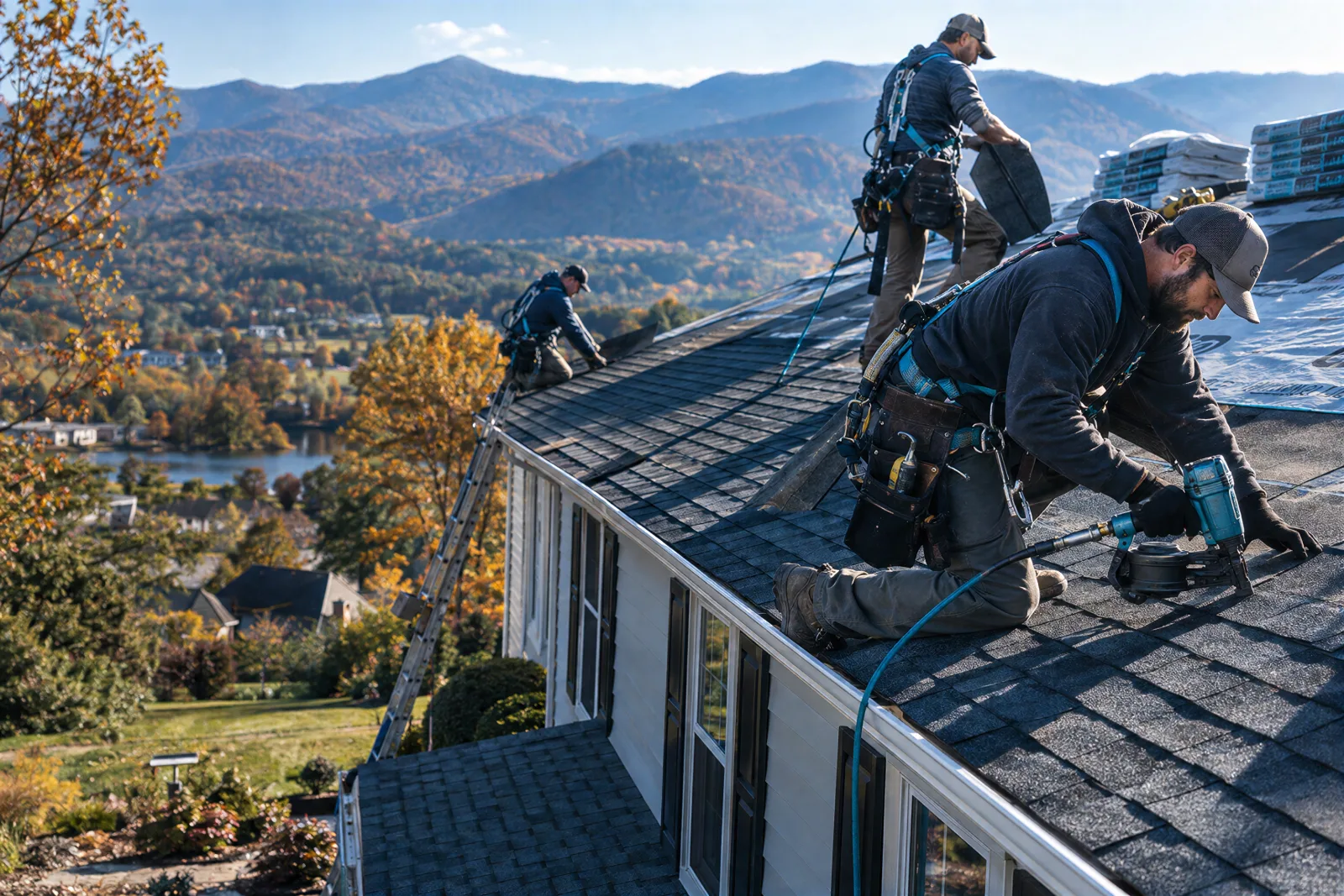 A roofing crew laying shingles on a house above a mountain town