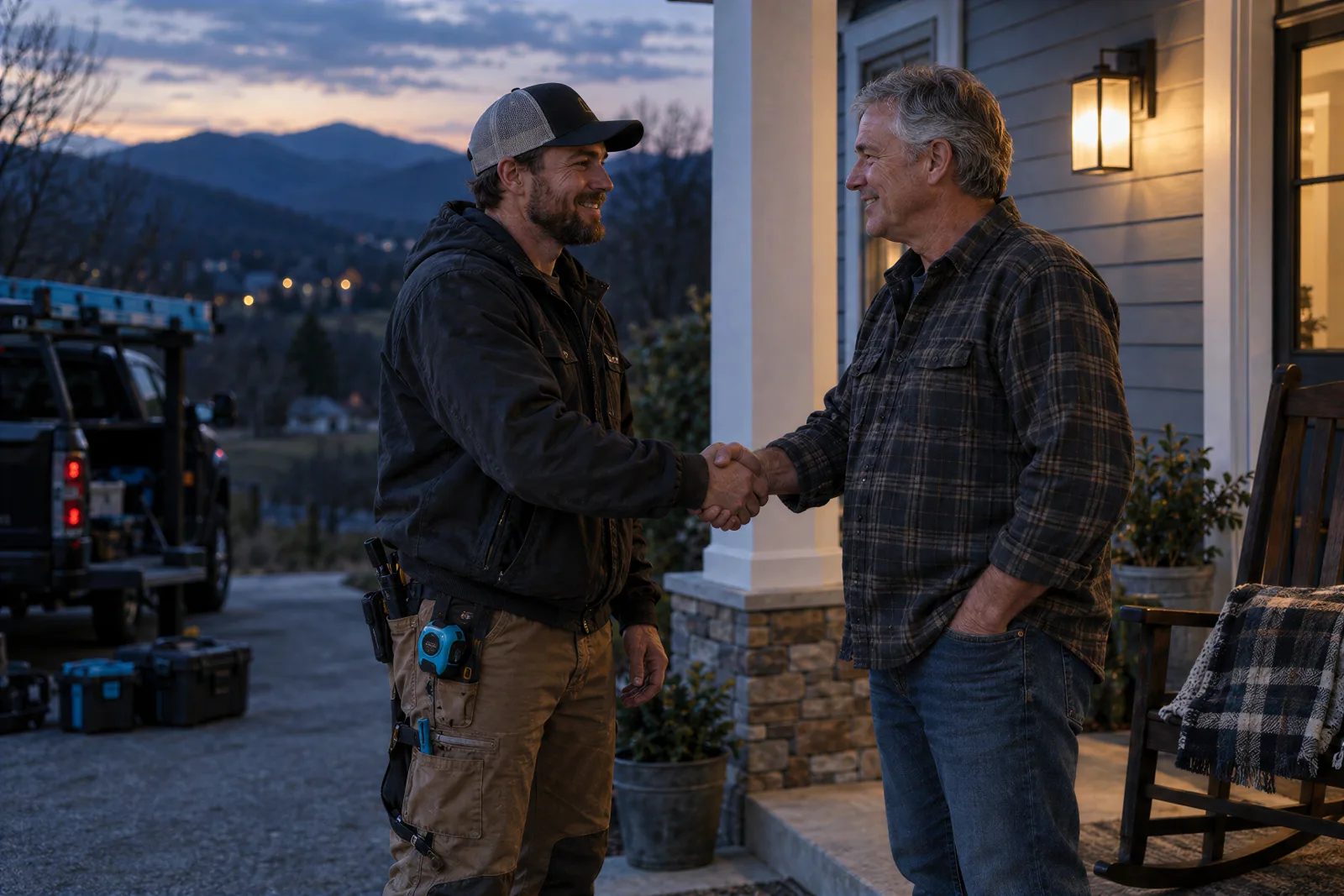 A contractor shakes hands with a homeowner on his front porch at dusk