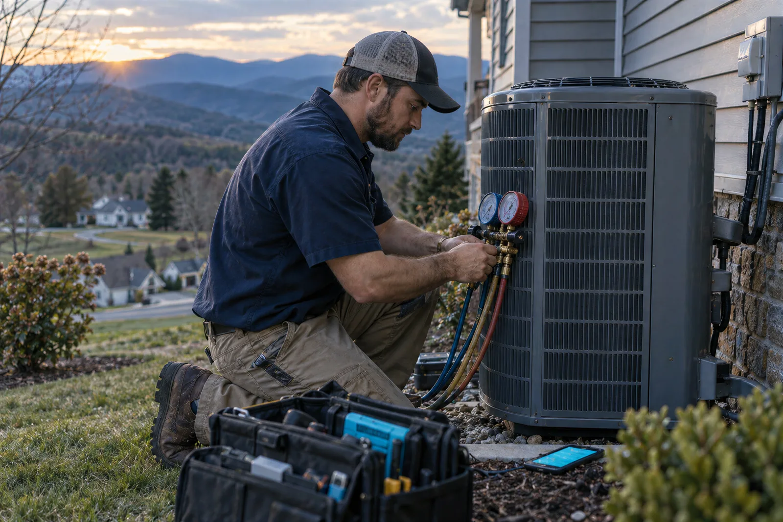 An HVAC technician checks gauges on an outdoor unit at sunset