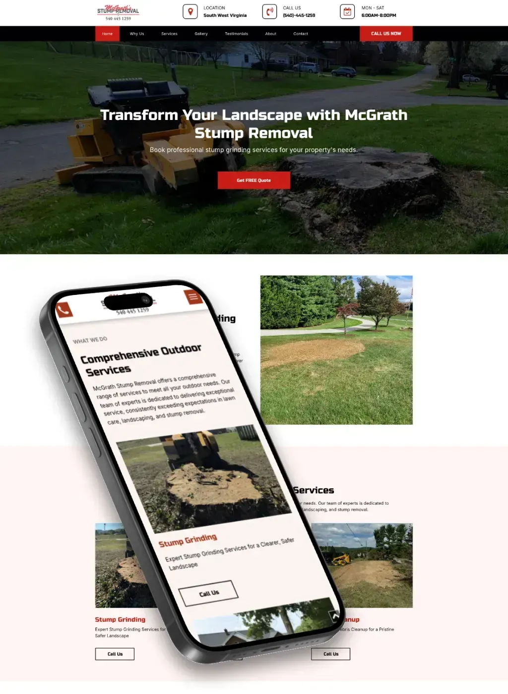 The McGrath Stump Removal website on desktop and phone: Transform Your Landscape with McGrath Stump Removal