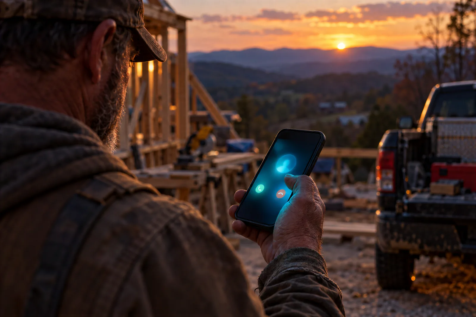 A contractor at a job site at sunset looks down at his phone as it lights up