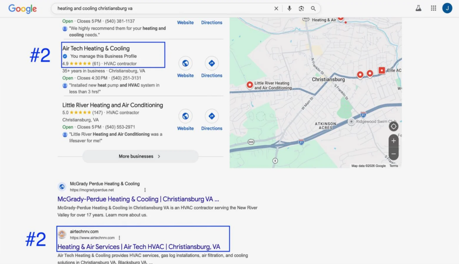 Google results for heating and cooling christiansburg va: Air Tech Heating & Cooling is the second business in the Maps results, rated 4.9 from 61 reviews, and the second organic result below the map