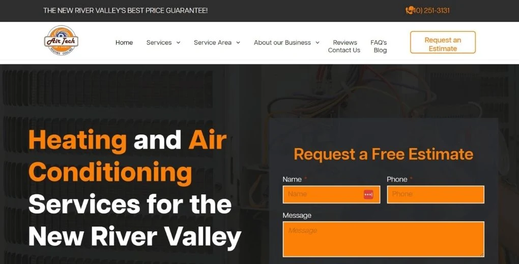 The top of the Air Tech Heating & Cooling website: the headline Heating and Air Conditioning Services for the New River Valley, the phone number in the top bar, and a Request a Free Estimate form beside the headline