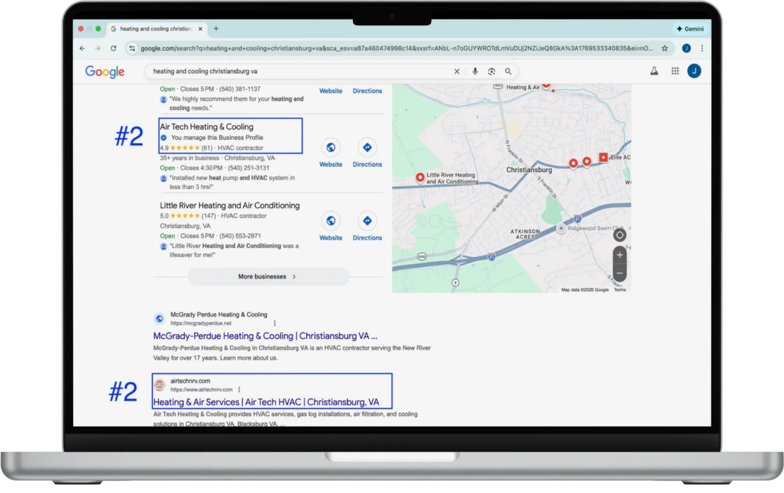 A laptop showing Google results for heating and cooling in Christiansburg: Air Tech Heating & Cooling in the second Maps position with 4.9 stars from 61 reviews, and airtechnrv.com second in the web results