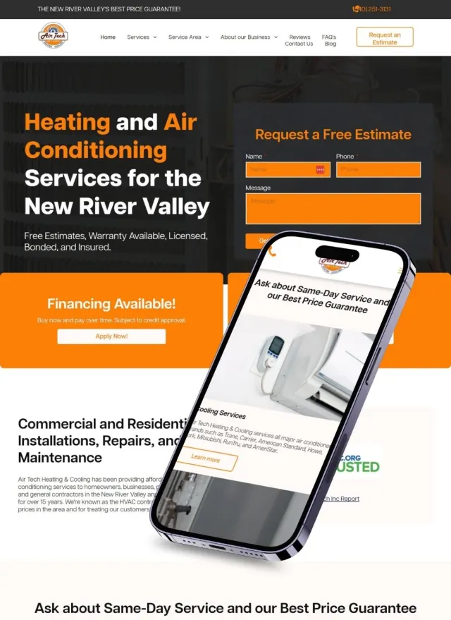 Air Tech Heating & Cooling website on desktop and phone: Heating and Air Conditioning Services for the New River Valley