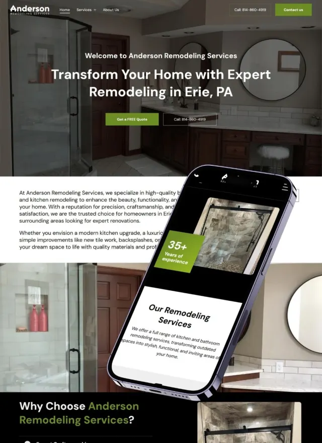 Anderson Remodeling website on desktop and phone: Transform Your Home with Expert Remodeling in Erie, PA