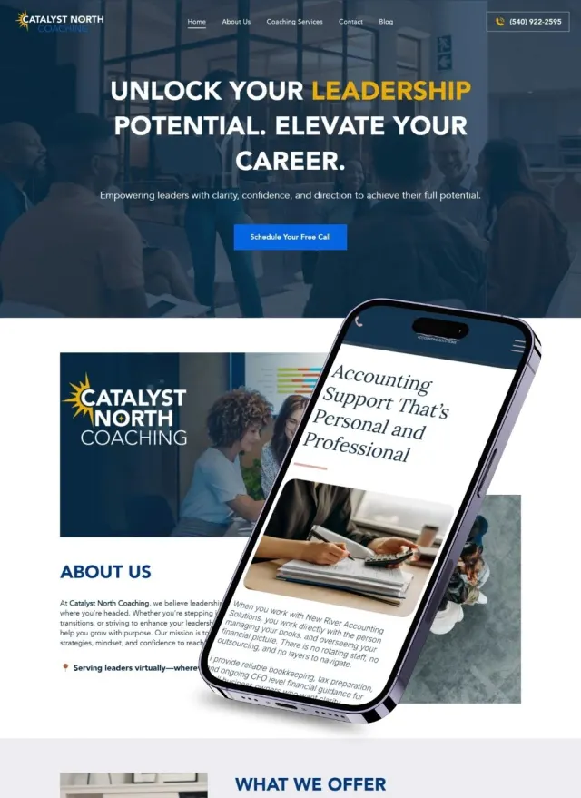 Catalyst North Coaching website on desktop and phone: Unlock your leadership potential. Elevate your career.