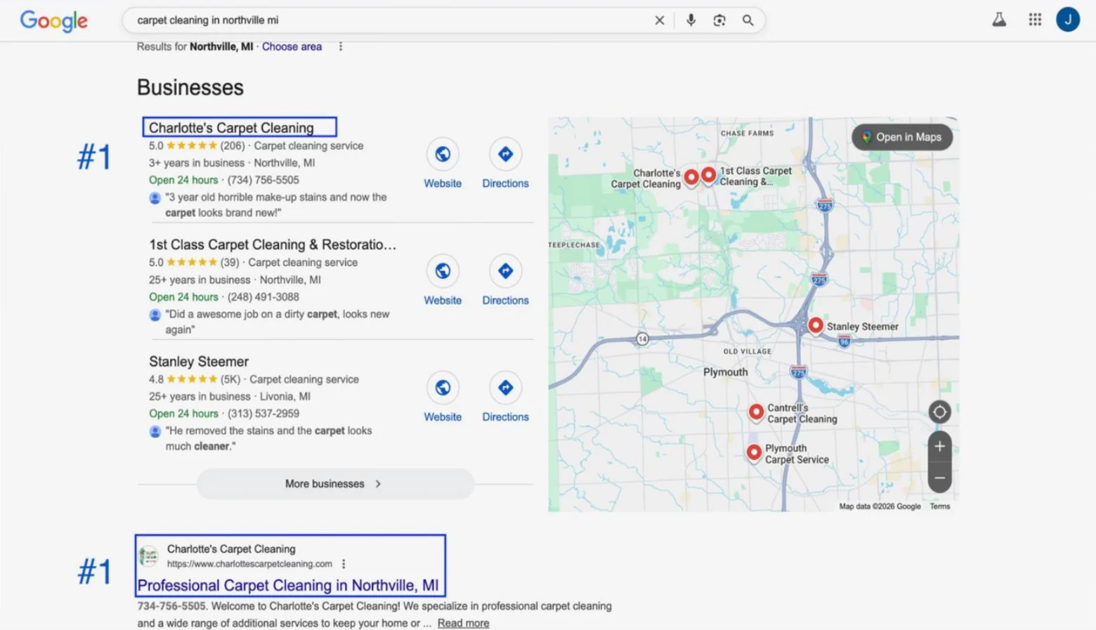 Google results for carpet cleaning in northville mi: Charlotte&rsquo;s Carpet Cleaning is the first business in the Maps results, rated 5.0 from 206 reviews, and the first organic result below the map
