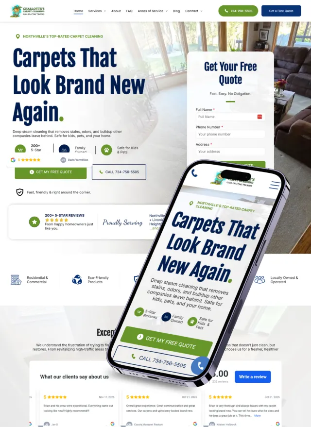 Charlotte&rsquo;s Carpet Cleaning website on desktop and phone: Carpets That Look Brand New Again