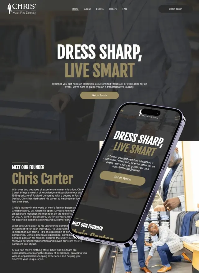 Chris&rsquo; Men&rsquo;s Fine Clothing website on desktop and phone: Dress Sharp, Live Smart