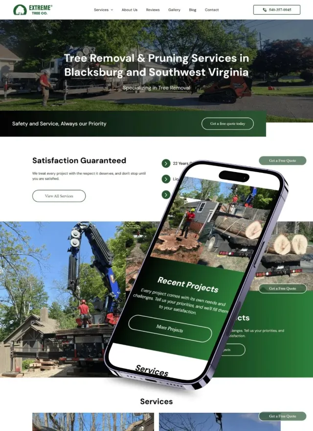 Extreme Tree Company website on desktop and phone: Tree Removal & Pruning Services in Blacksburg and Southwest Virginia