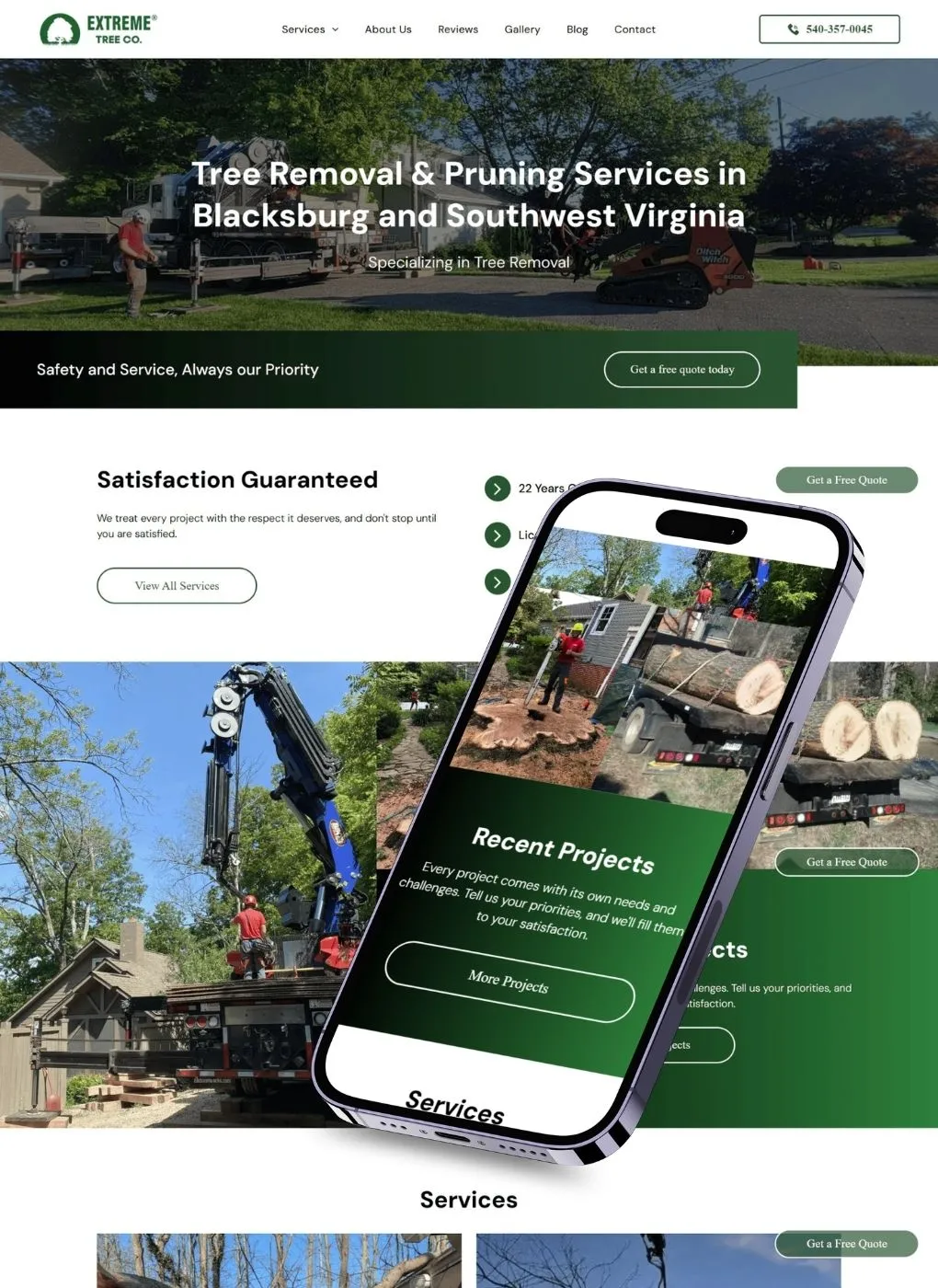 The Extreme Tree Company website on desktop and phone: Tree Removal and Pruning Services in Blacksburg and Southwest Virginia