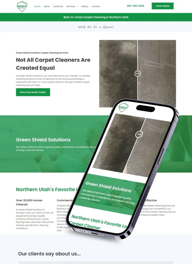 Green Shield Solutions website on desktop and phone: Not All Carpet Cleaners Are Created Equal