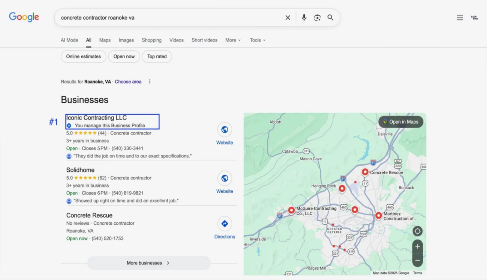 Google results for concrete contractor roanoke va: Iconic Contracting LLC is the first business in the Maps results, rated 5.0 from 44 reviews