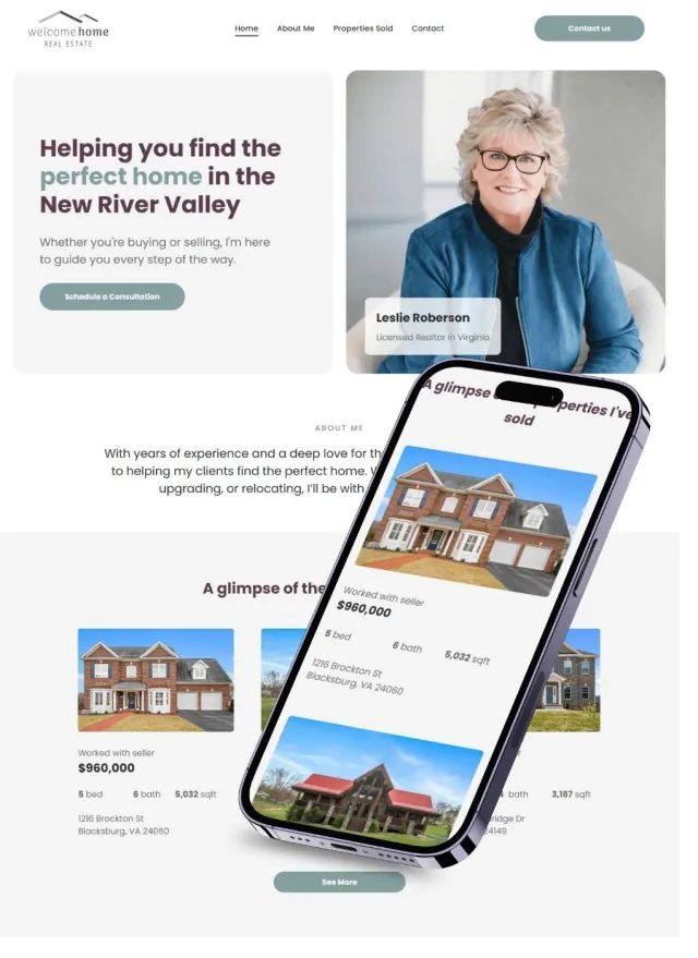 Leslie Anne Roberson website on desktop and phone: Helping you find the perfect home in the New River Valley