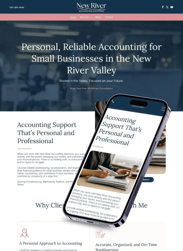New River Accounting Solutions website on desktop and phone: Personal, Reliable Accounting for Small Businesses in the New River Valley