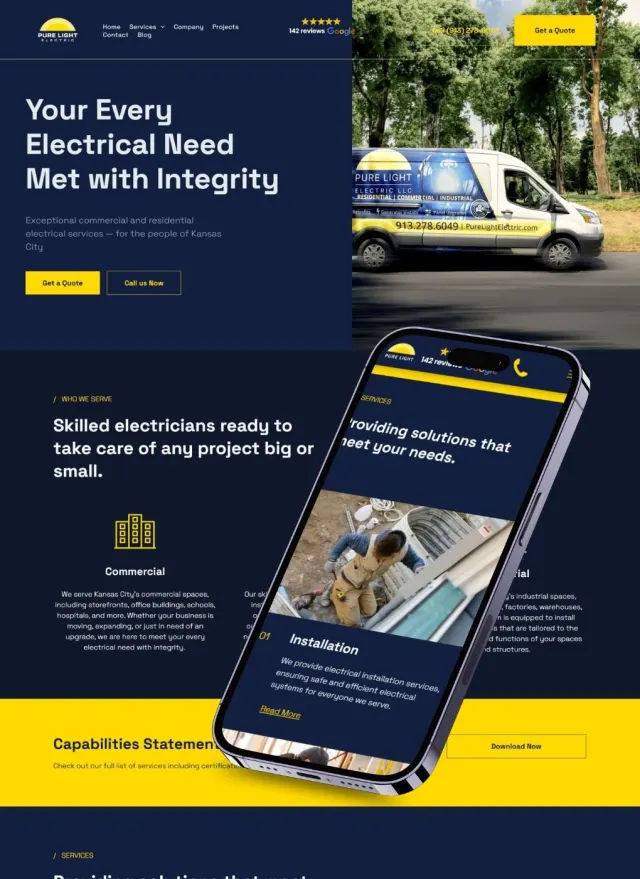 Purelight Electric website on desktop and phone: Your Every Electrical Need Met with Integrity