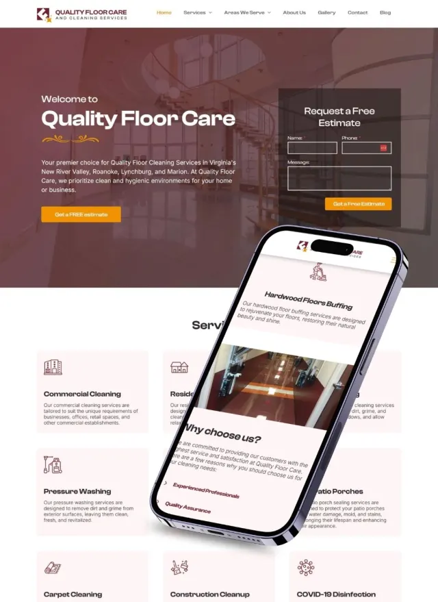 Quality Floor Care website on desktop and phone: Welcome to Quality Floor Care