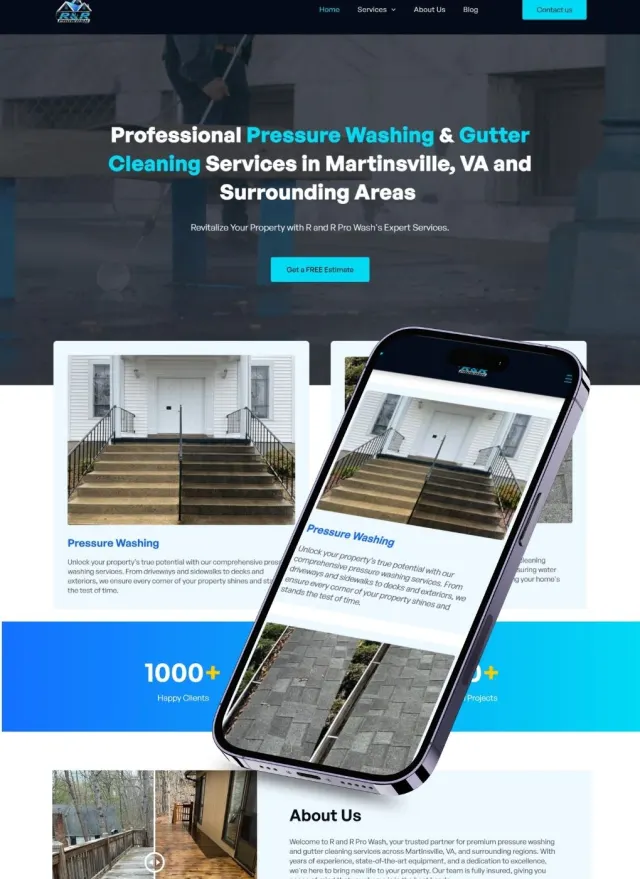 R&R Pro Wash website on desktop and phone: Professional Pressure Washing & Gutter Cleaning Services in Martinsville, VA