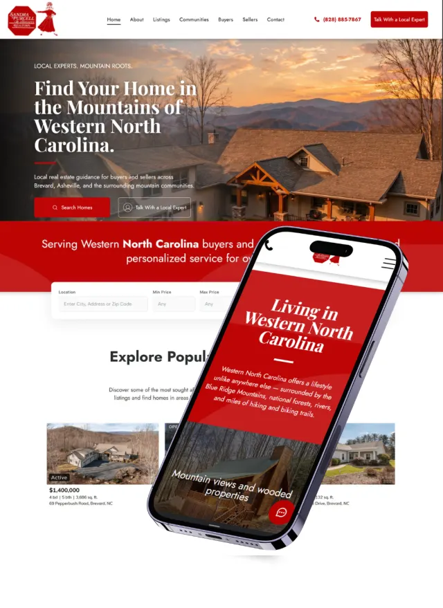 Sandra Purcell website on desktop and phone: Find Your Home in the Mountains of Western North Carolina