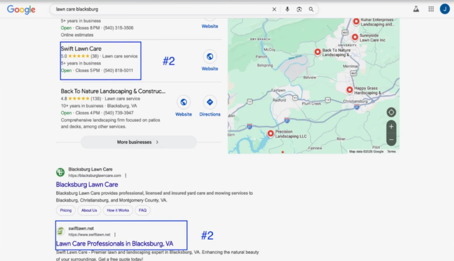 Google results for lawn care blacksburg: Swift Lawn Care is the second business in the Maps results, rated 5.0 from 38 reviews, and the second organic result below the map