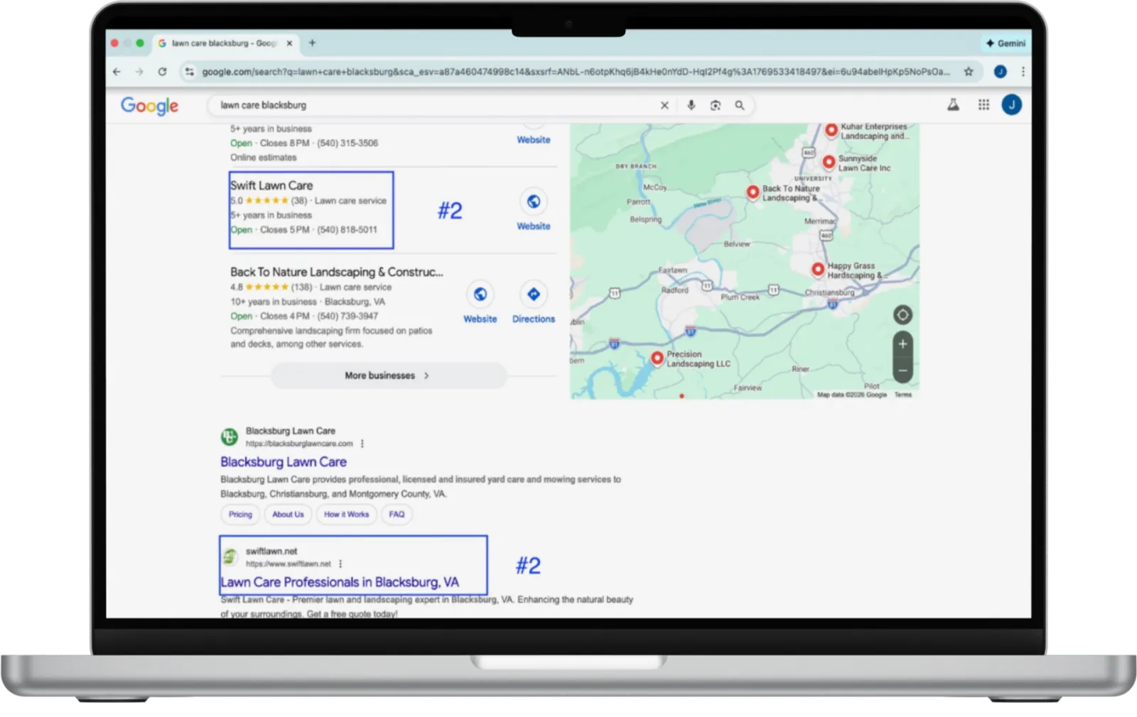 A laptop showing Google results for lawn care in Blacksburg: Swift Lawn Care in the second Maps position with 5.0 stars from 38 reviews, and swiftlawn.net second in the web results