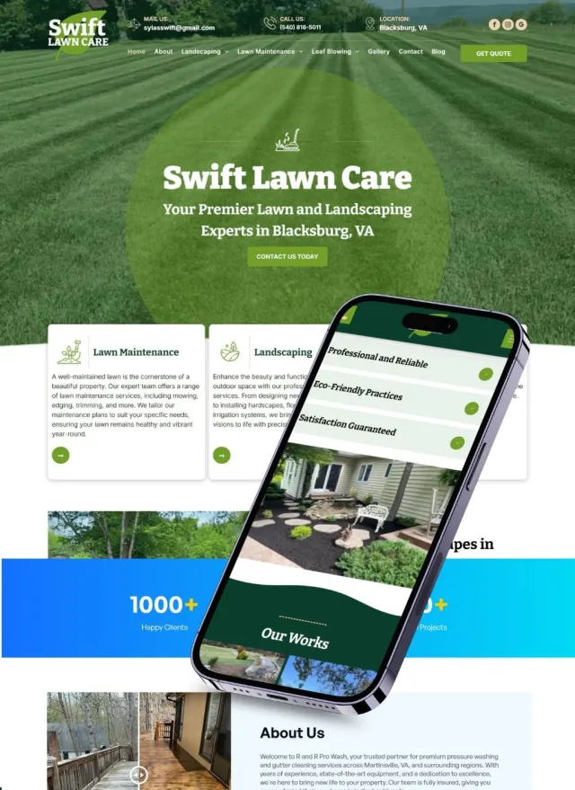 Swift Lawn Care website on desktop and phone: Your Premier Lawn and Landscaping Experts in Blacksburg, VA