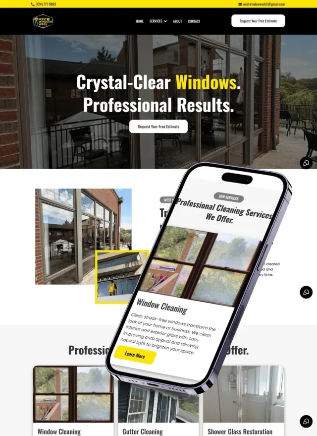 West Window Wash website on desktop and phone: Crystal-Clear Windows. Professional Results.
